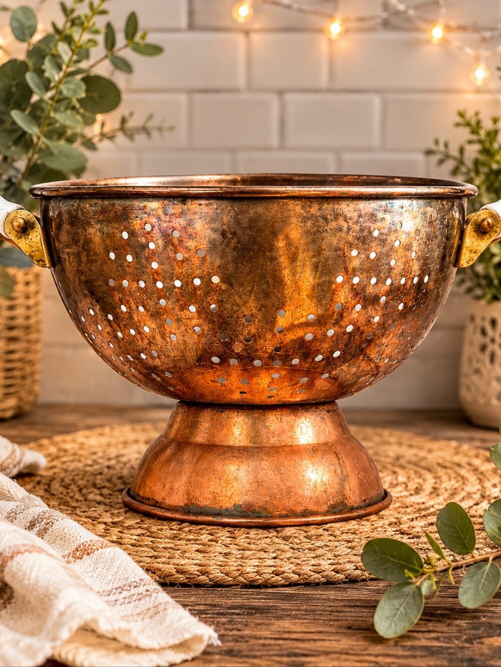 Vintage Copper Pedestal Colander Rustic Farmhouse Kitchen Decor